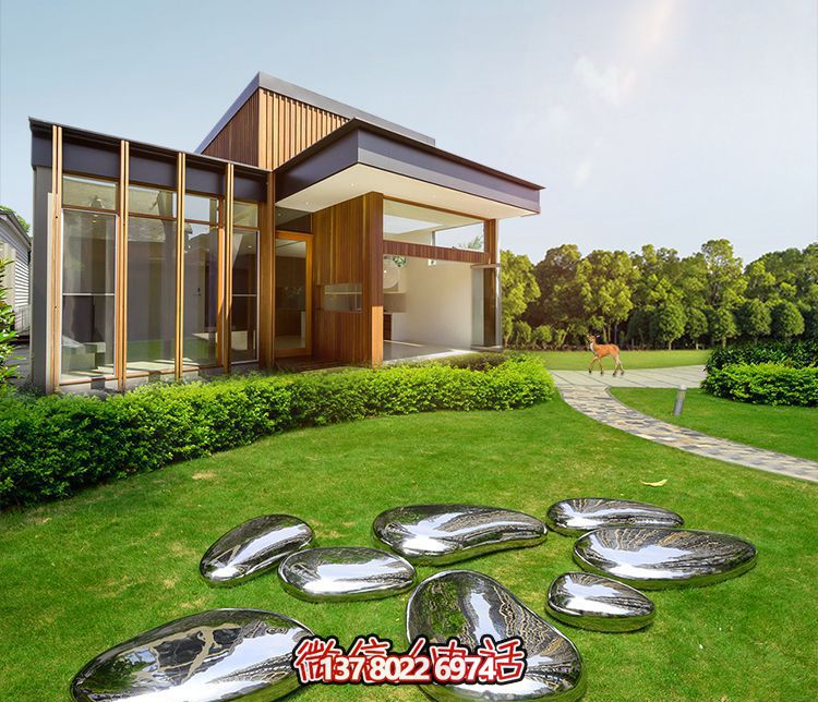 高端室內草坪裝飾，不銹鋼雕塑鏡面石頭安放