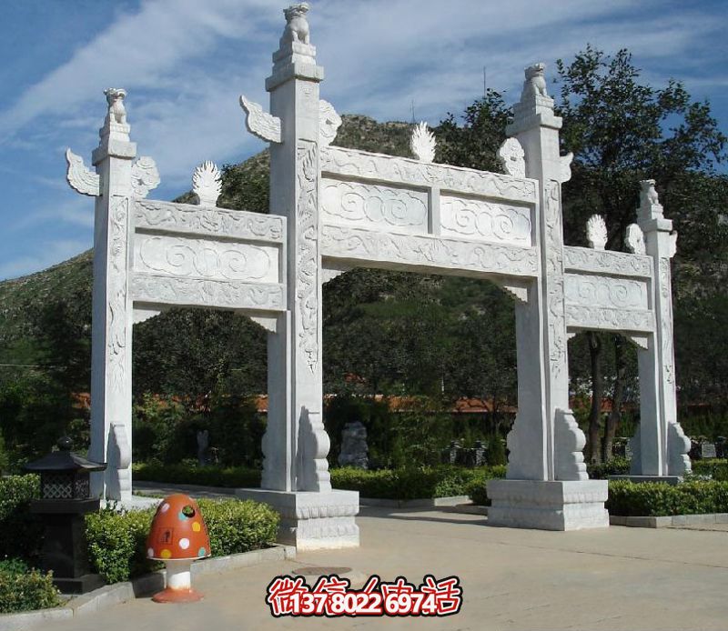 精致園林景觀，漢白玉華表浮雕祥云門樓石牌坊