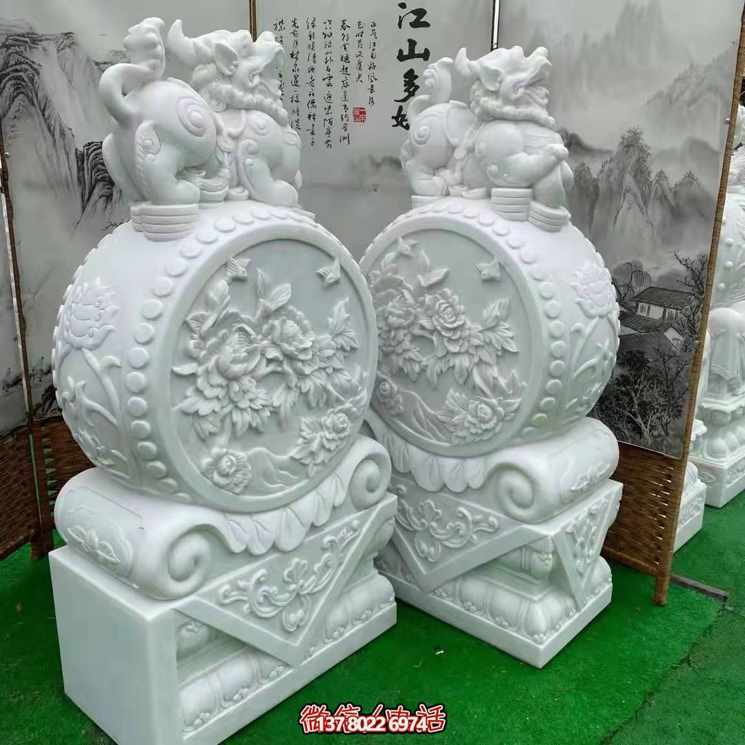 天然優(yōu)質(zhì)漢白玉浮雕麒麟抱鼓石，裝點你的庭院門口