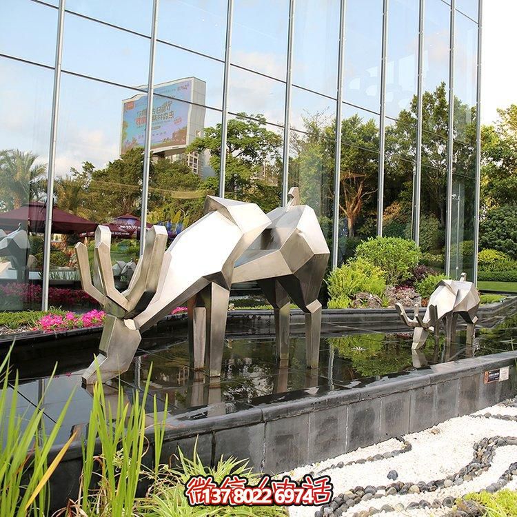 精致雕塑，幾何鏡面不銹鋼鹿，點綴精致水景小品