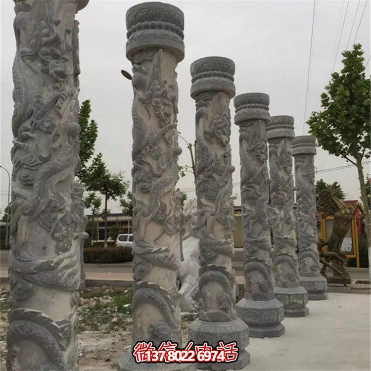 天然大理石浮雕龍盤柱，裝飾園林廣場的精美擺件