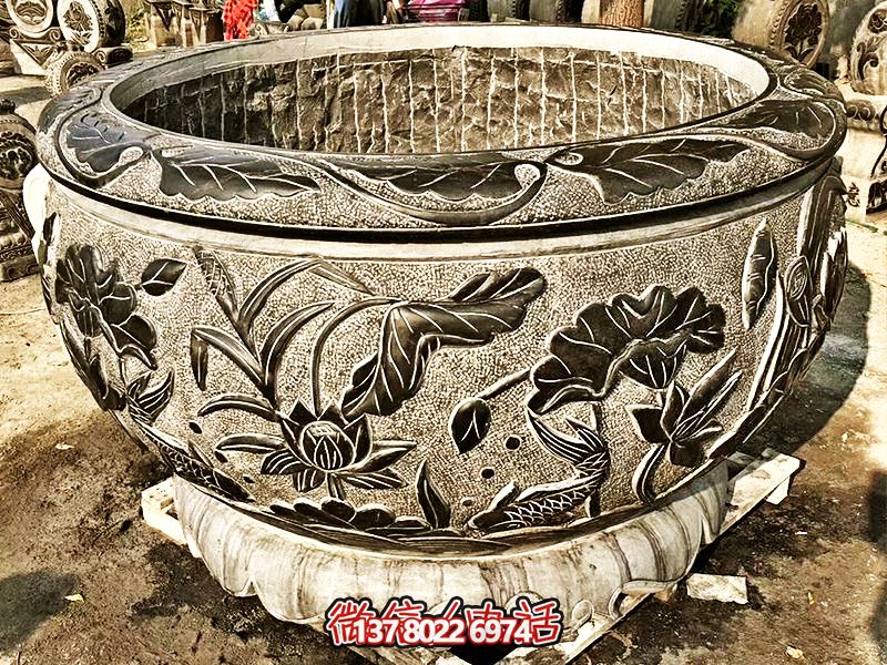 精美大理石浮雕蓮花缸，現(xiàn)代庭院裝飾雕塑