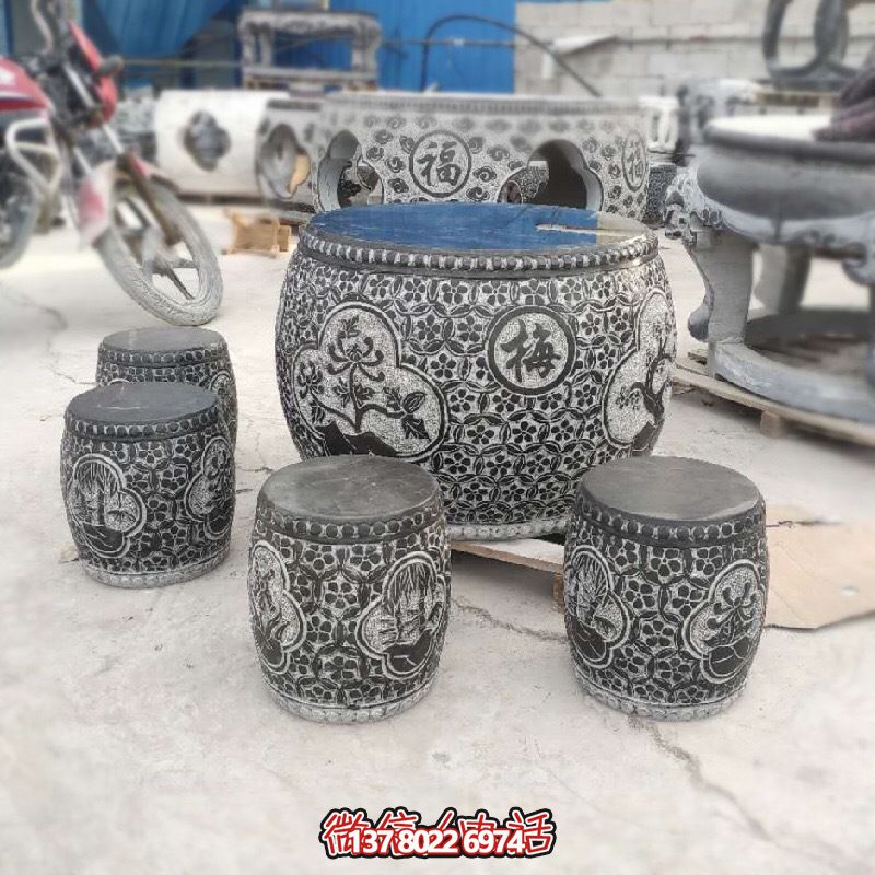梅蘭菊竹浮雕石桌石凳，休閑庭院圓形裝飾