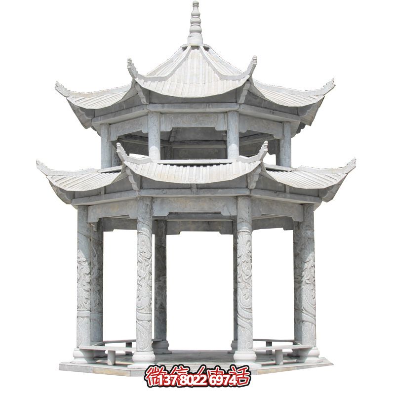 精美大理石雙層柱涼亭，雕塑點(diǎn)綴休息亭