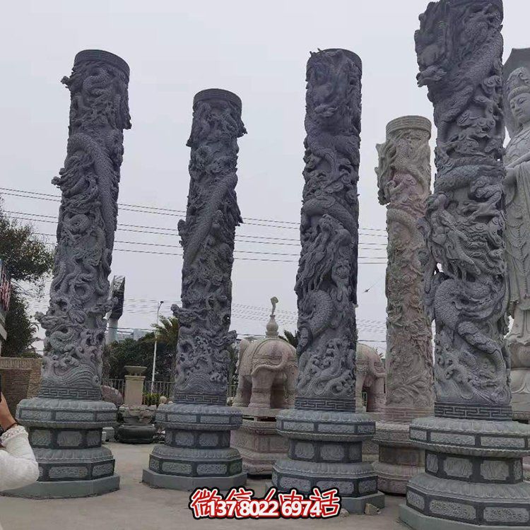 青石浮雕龍柱，精美石雕園林景觀裝飾