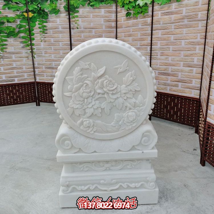 中式風(fēng)格天然漢白玉石雕抱鼓浮雕門(mén)墩，花開(kāi)富貴