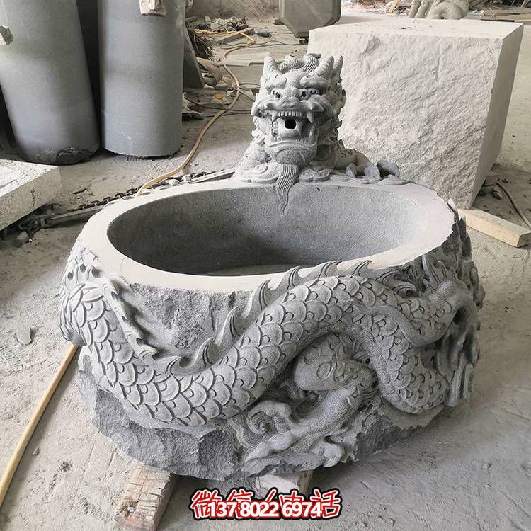 仿古石缸水缸青石龍形浮雕雕塑，為您的庭院增添一抹古樸