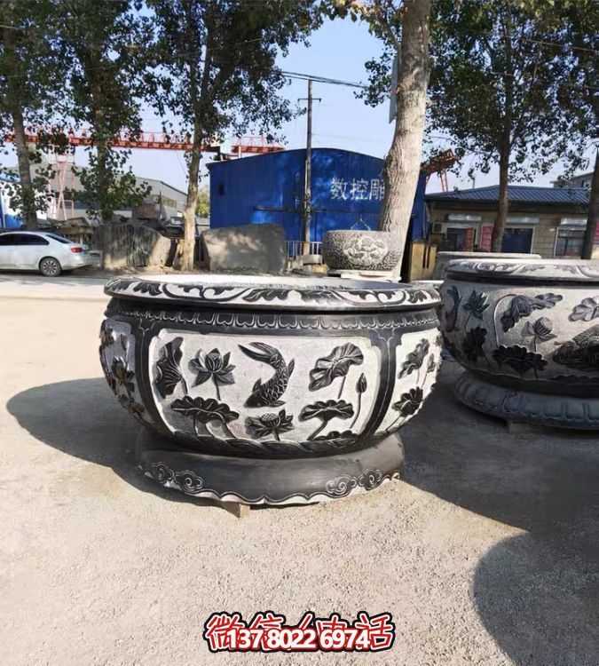 古典仿古石雕魚缸，添點家園庭院荷花水景