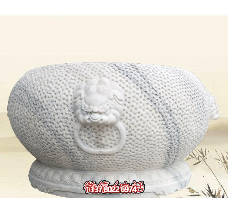 精美狴犴圓形雕塑，點綴庭院水缸浮雕