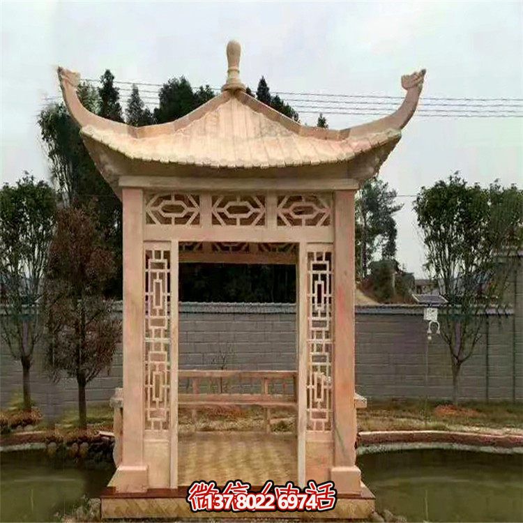 紅石雕鏤涼亭，晚霞中空中創(chuàng)意雕塑