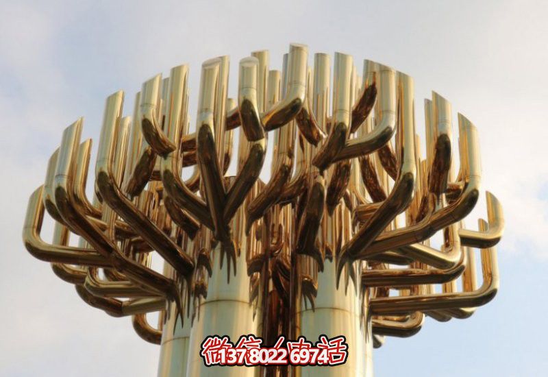 不銹鋼大樹雕塑，金色噴涂