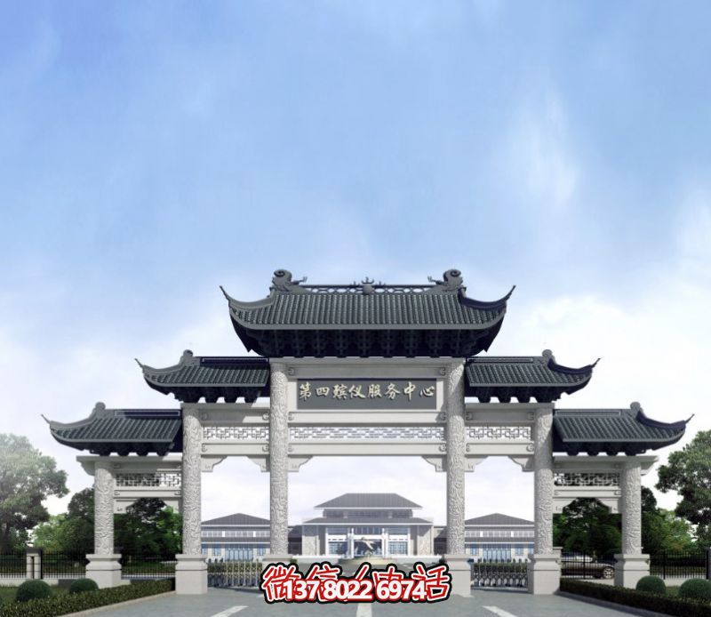 一座新式殯儀館五門景觀、青瓦斗拱、牌樓等高雅裝飾