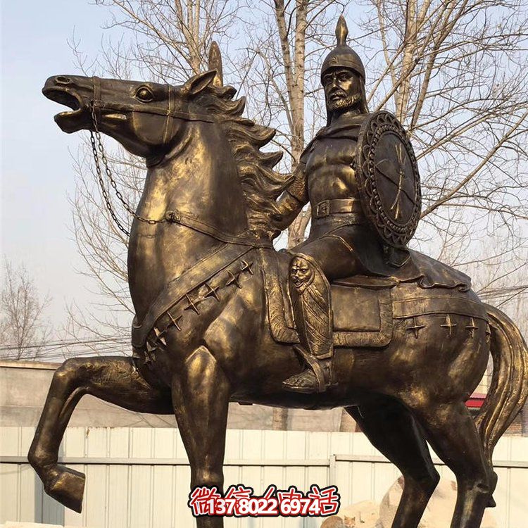 西方古代的騎馬士兵銅雕，手持盾牌騎馬身上的西方戰(zhàn)士